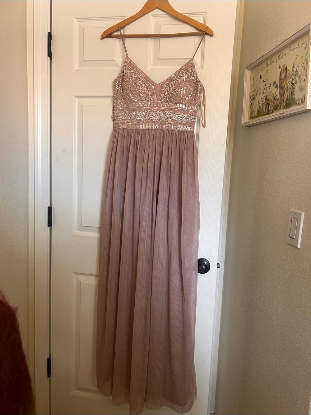 Adrianna Papell - Blush Beaded Tulle Spaghetti Strap Maxi Dress